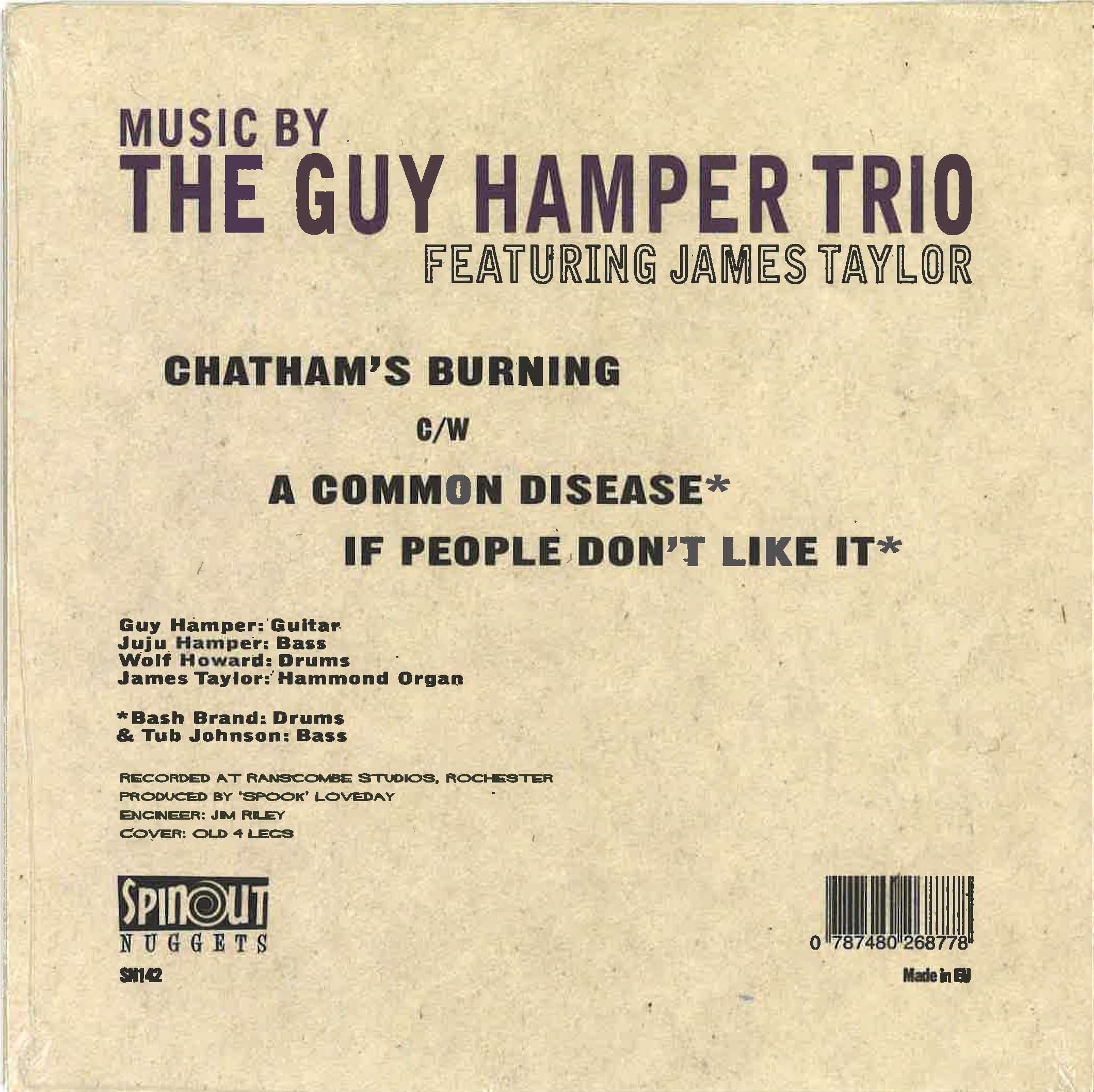 GUY HAMPER TRIO, The feat. JAMES TAYLOR (ビリー・チャイルディッシュのバンド=ガイ・ハンパー・トリオ) - Chatham's Burning +2 (UK500枚限定ざら紙ジャケ付き 7"/New) '25年新作シングルは初期J.T.Qのスパイ系トラックを思わすMODガレージ・インスト