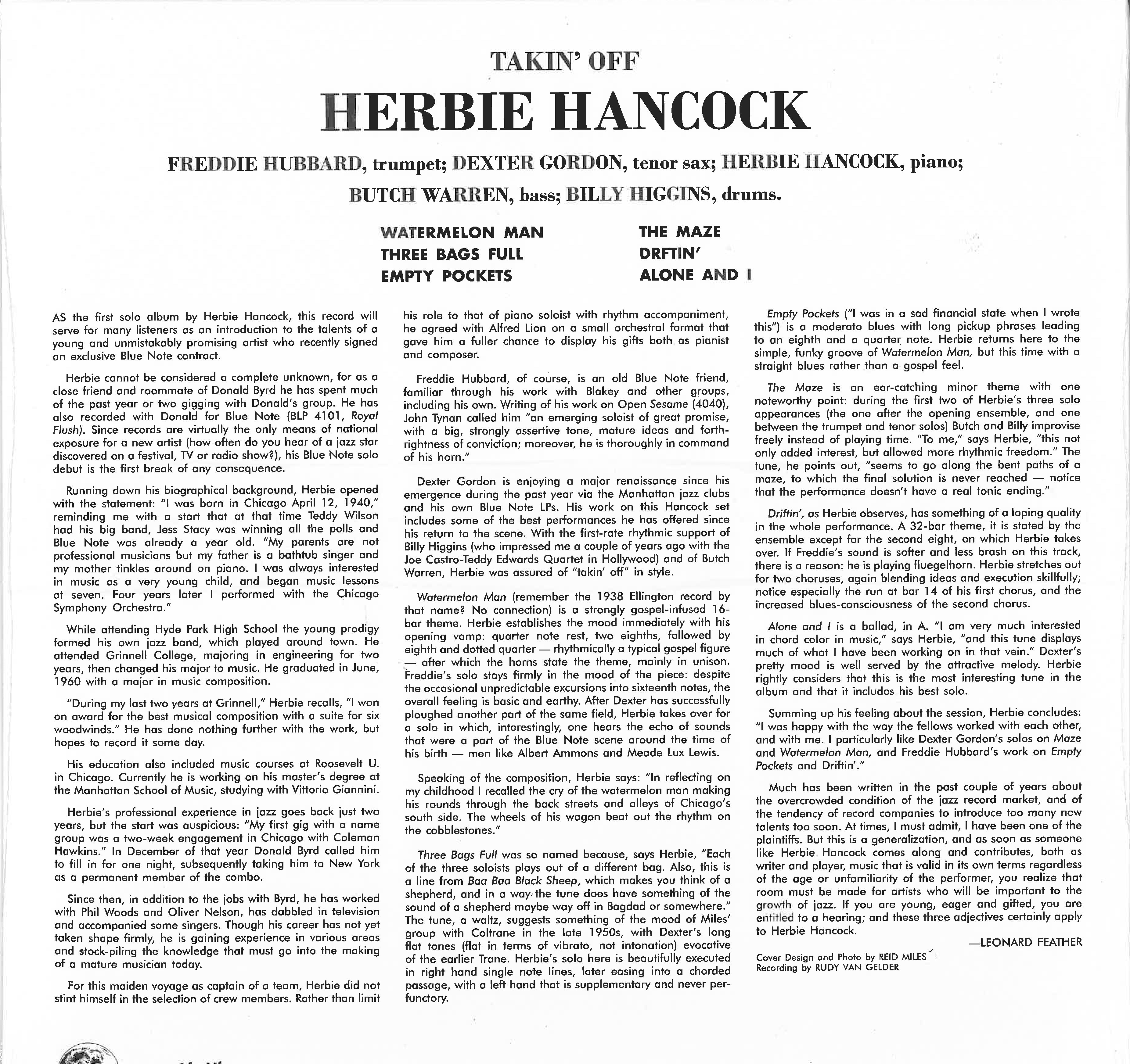 HERBIE HANCOCK (ハービー・ハンコック) - Takin' Off (EU 500枚限定ナンバリング入り「クリアVINYL」再発 LP/New) '62年MOD=JAZZ 大名作デビュー・アルバム!