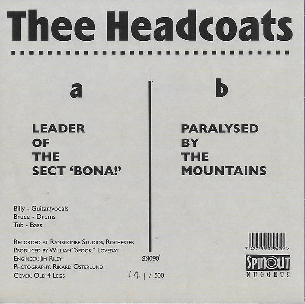 HEADCOATS, Thee (ヘッドコーツ) - Leader Of The Sect 'Bona ! (UK 限定500枚ナンバリング入りざら紙ジャケ付き 7"/New)