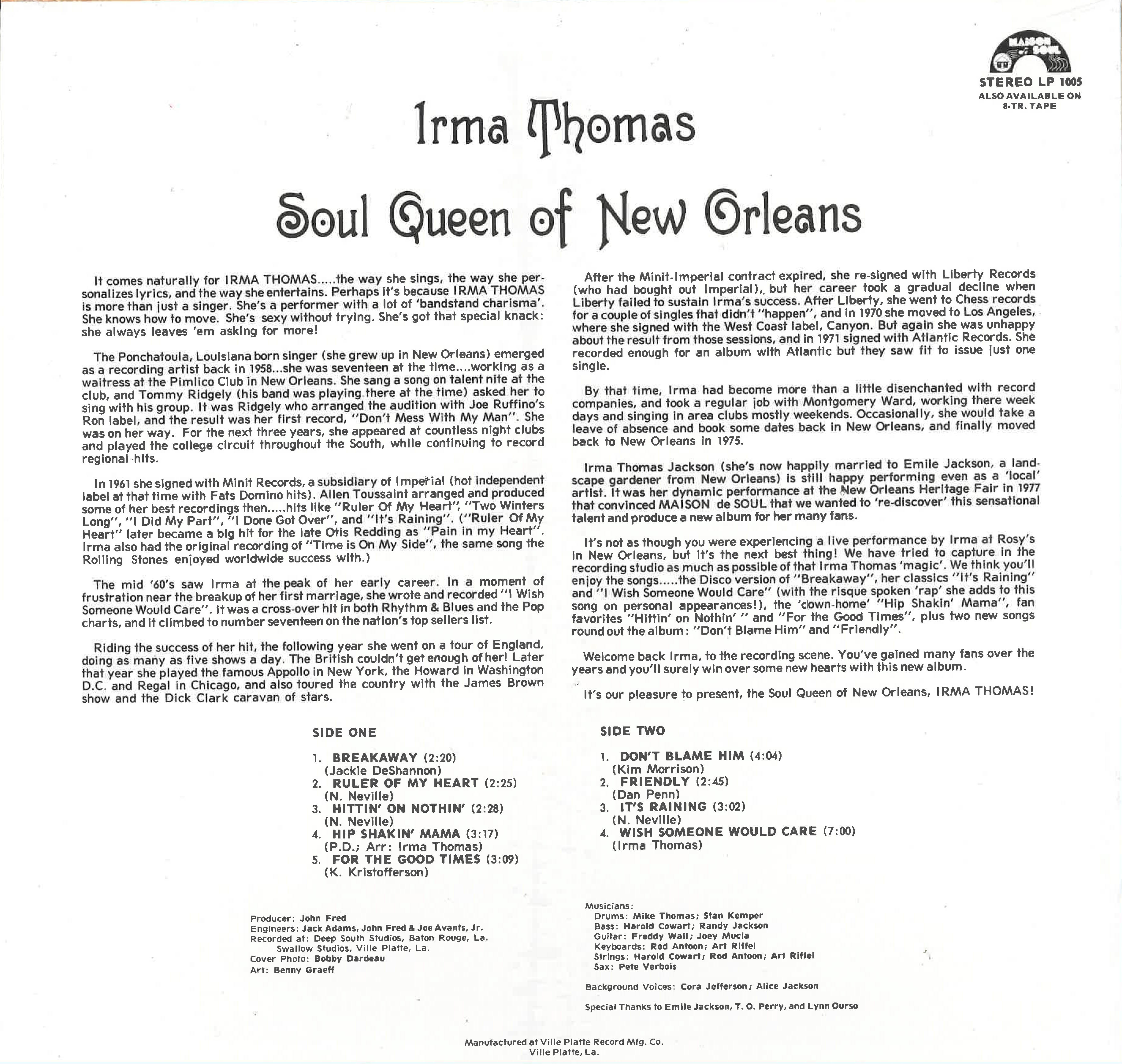 IRMA THOMAS (アーマ・トーマス) - Soul Queen Of New Orleans (US 限定復刻再発 LP/New)「ブレイクアウェイ」ディスコ バージョン!
