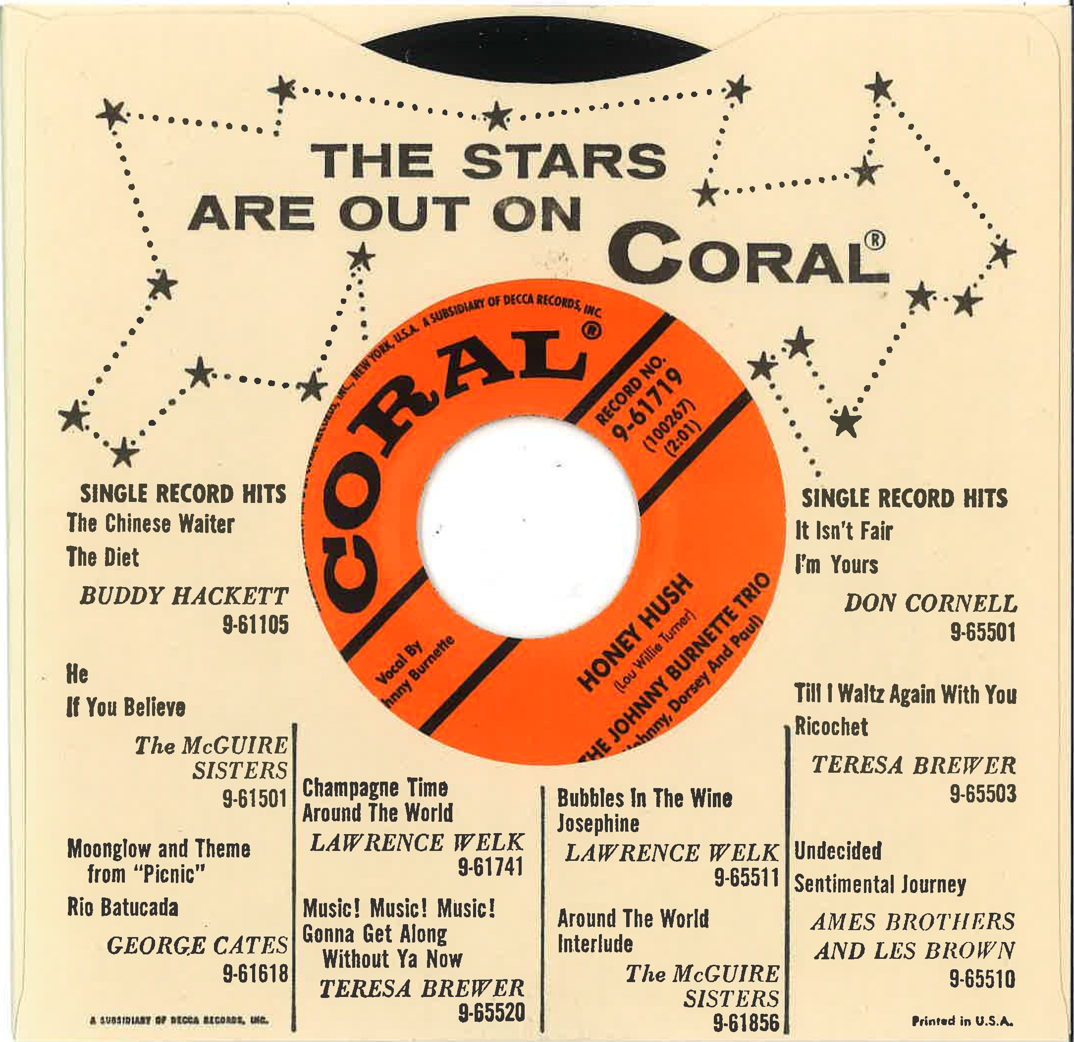 JOHNNY BURNETTE TRIO (ジョニー・バーネット) - The Train Kept A-Rollin' / Honey Hush (US 限定復刻リプロ再発「オレンジラベ・黒盤」 7"-カンパニースリーブ/New) 名曲ロッカビート・カヴァ!