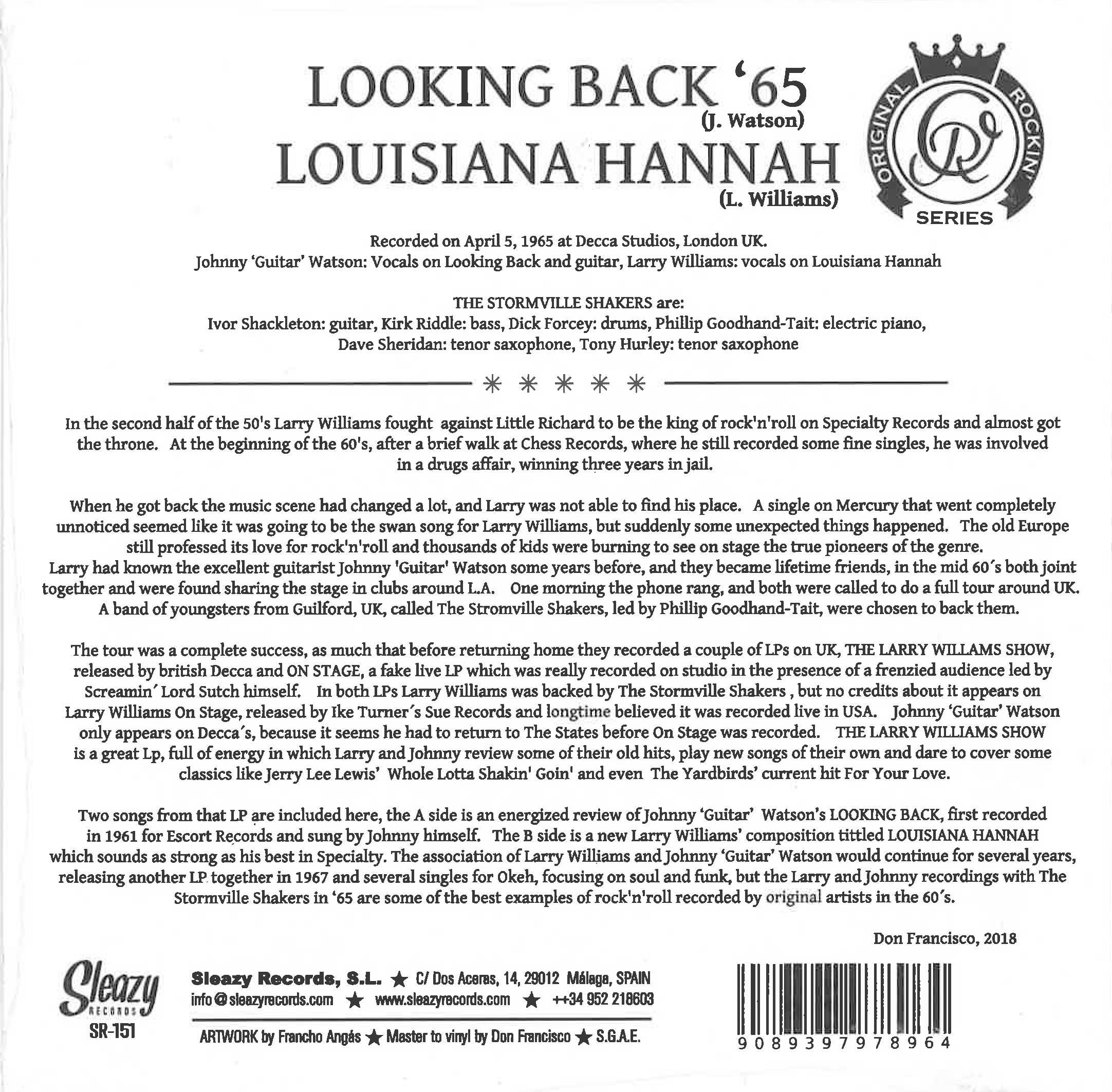 LARRY WILLIAMS & JOHNNY GUITAR WATSON (ラリー・ウィリアムス & ジョニー・ギター・ワトソン) - Looking Back '65 / Louisiana Hannah (UK 限定ジャケ付き再発7インチ/New)ブラック・ロックンロール・ジャイヴァー!