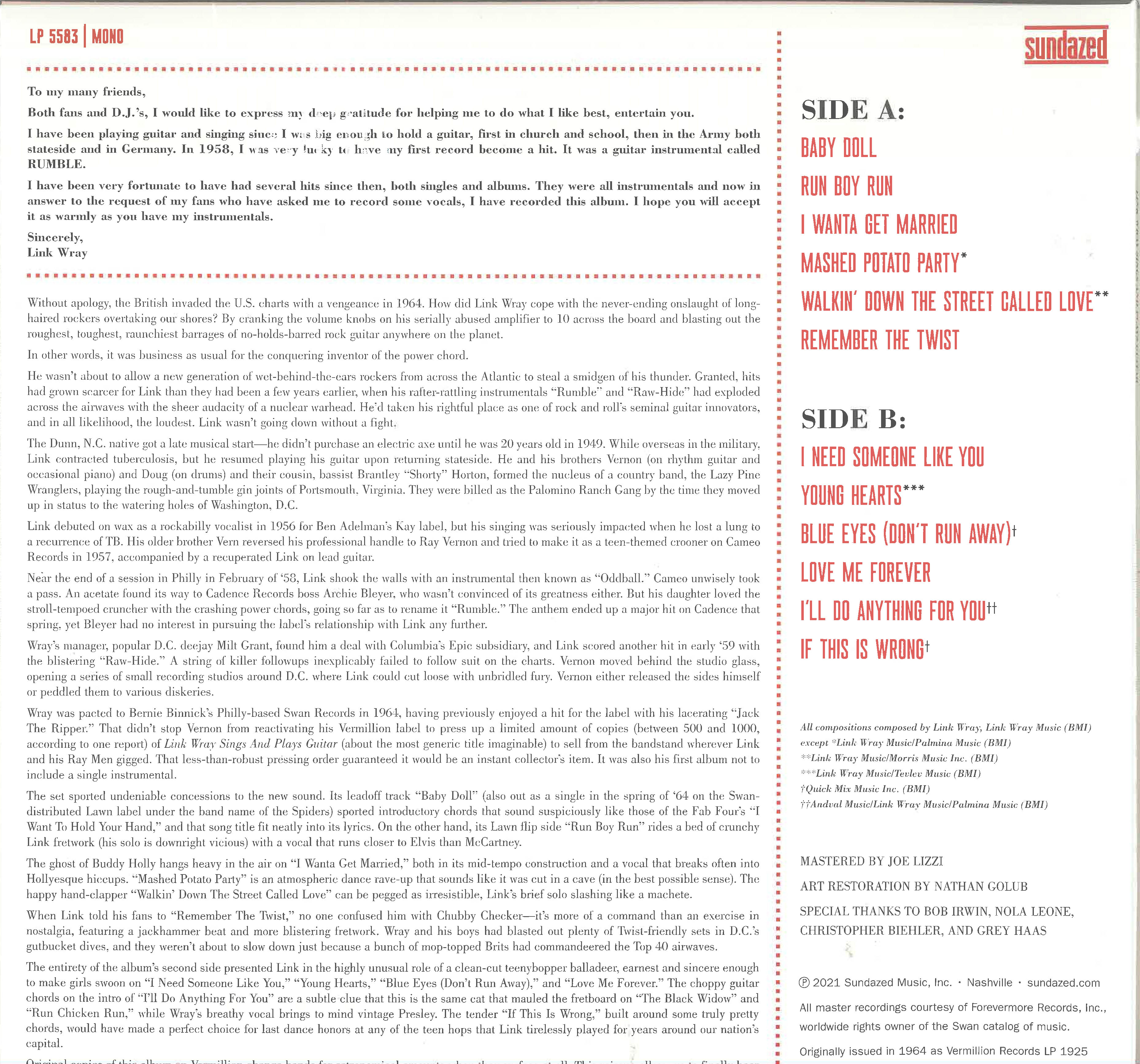 LINK WRAY (リンク・レイ) - Sings And Plays Guitar (US 限定復刻再発「ピンク VINYL」LP/New)