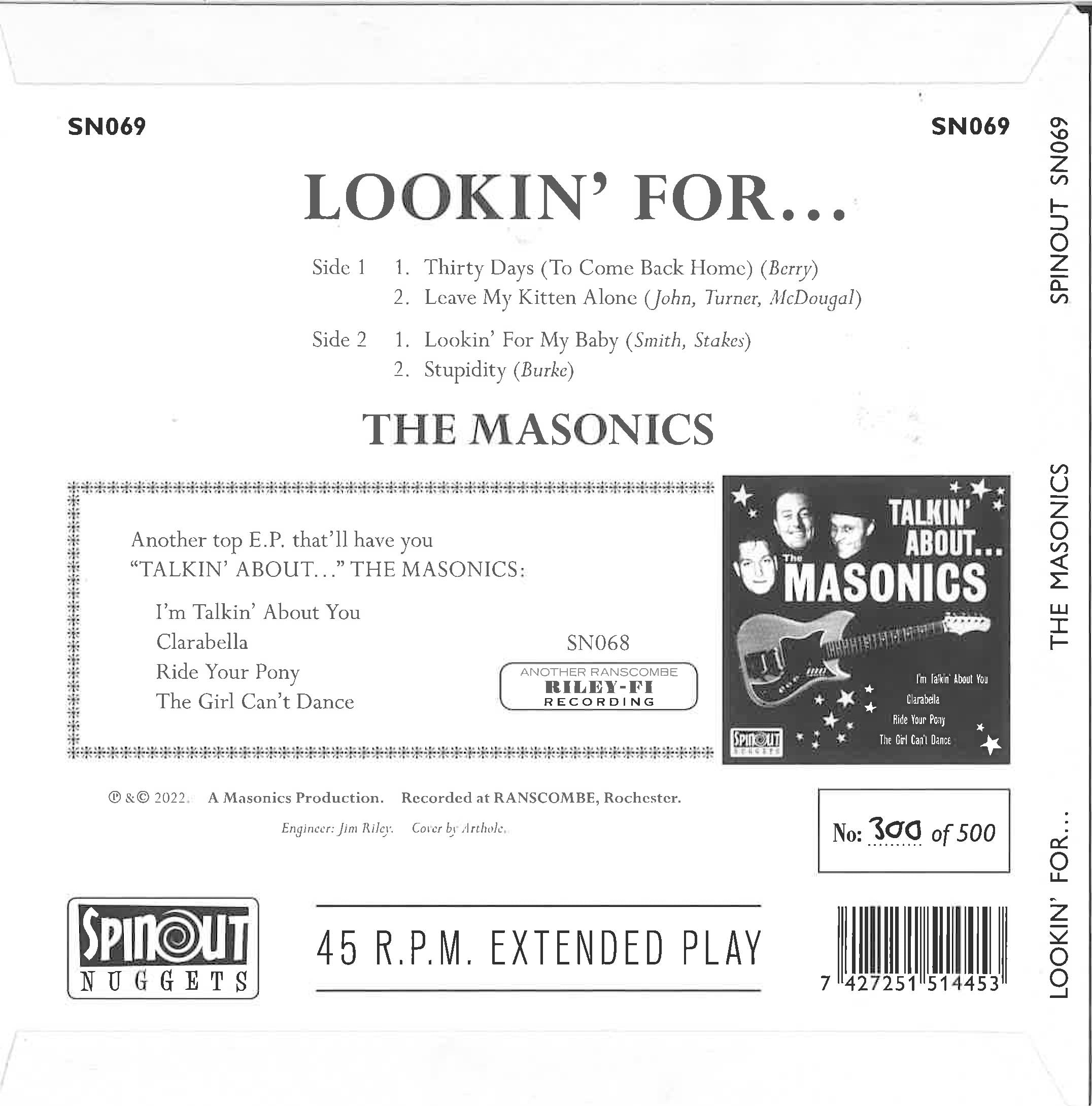 MASONICS, THE (マーソニックス= 元ミルクシェイクス他、英ガレージレジェンド ) - Lookin' For... The Masonics Volume 2 (UK 500枚限定ナンバリング入り4曲入り7インチEP/New)
