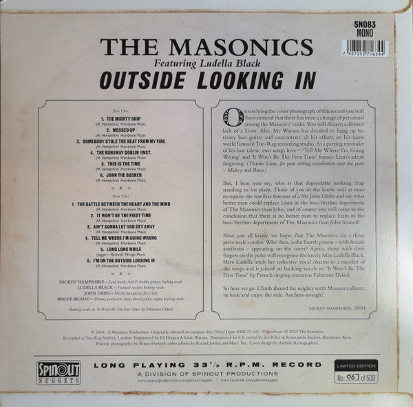 MASONICS, THE Featuring Ludella Black (マーソニックス= 元ミルクシェイク他、英ガレージレジェンド feat. ルディラ・ブラック) - Outside Looking In (UK 限定500枚ナンバリング入りモノラル LP/New) '05年5thアルバムの初LP 再発化!