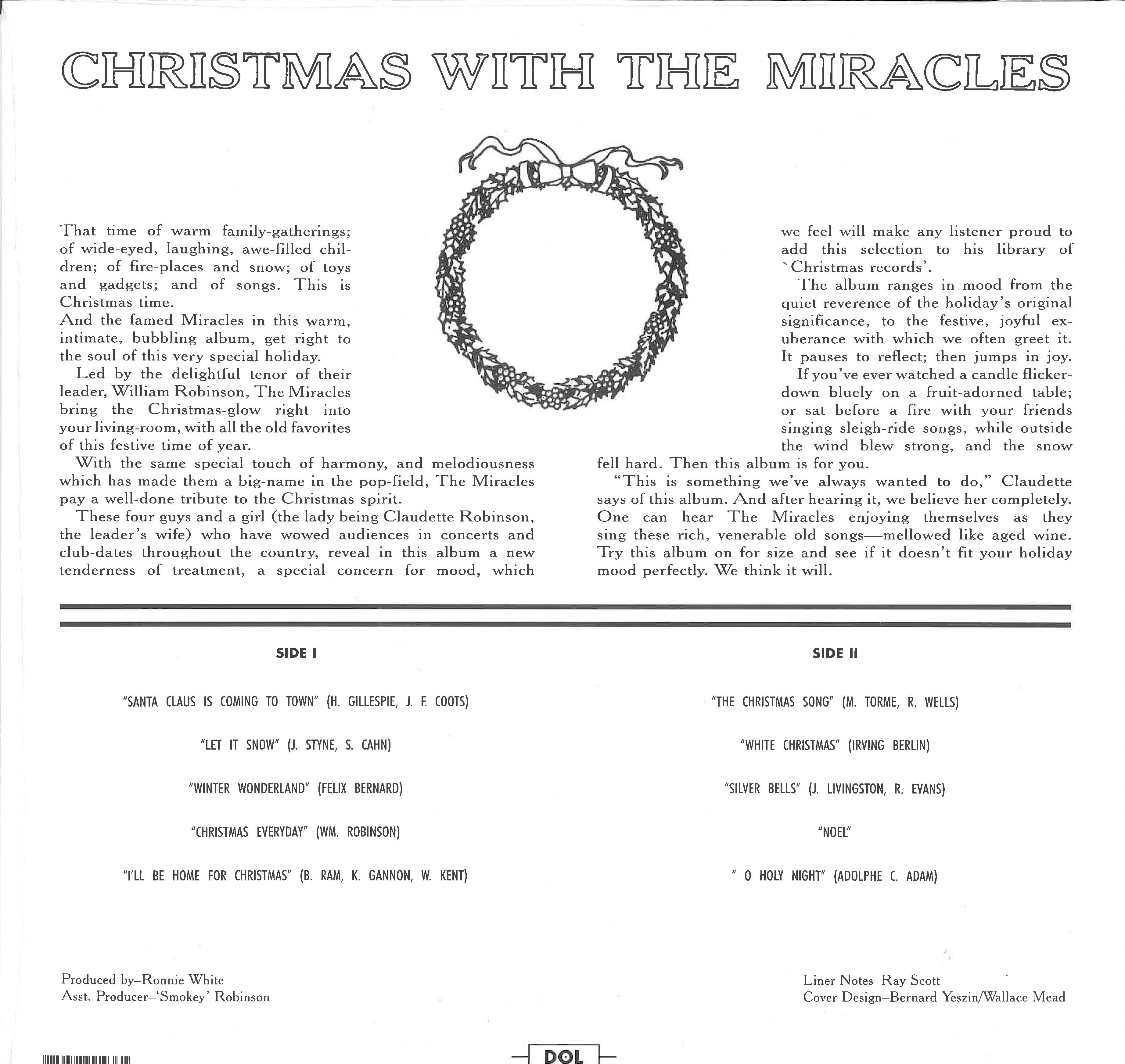 MIRACLES (SMOKEY ROBINSON & THE) (スモーキー・ロビンソン&ミラクルズ) - Christmas with The Miracles (EU 限定復刻再発「ホワイト VINYL」LP/New) '63年クリスマス・アルバム!
