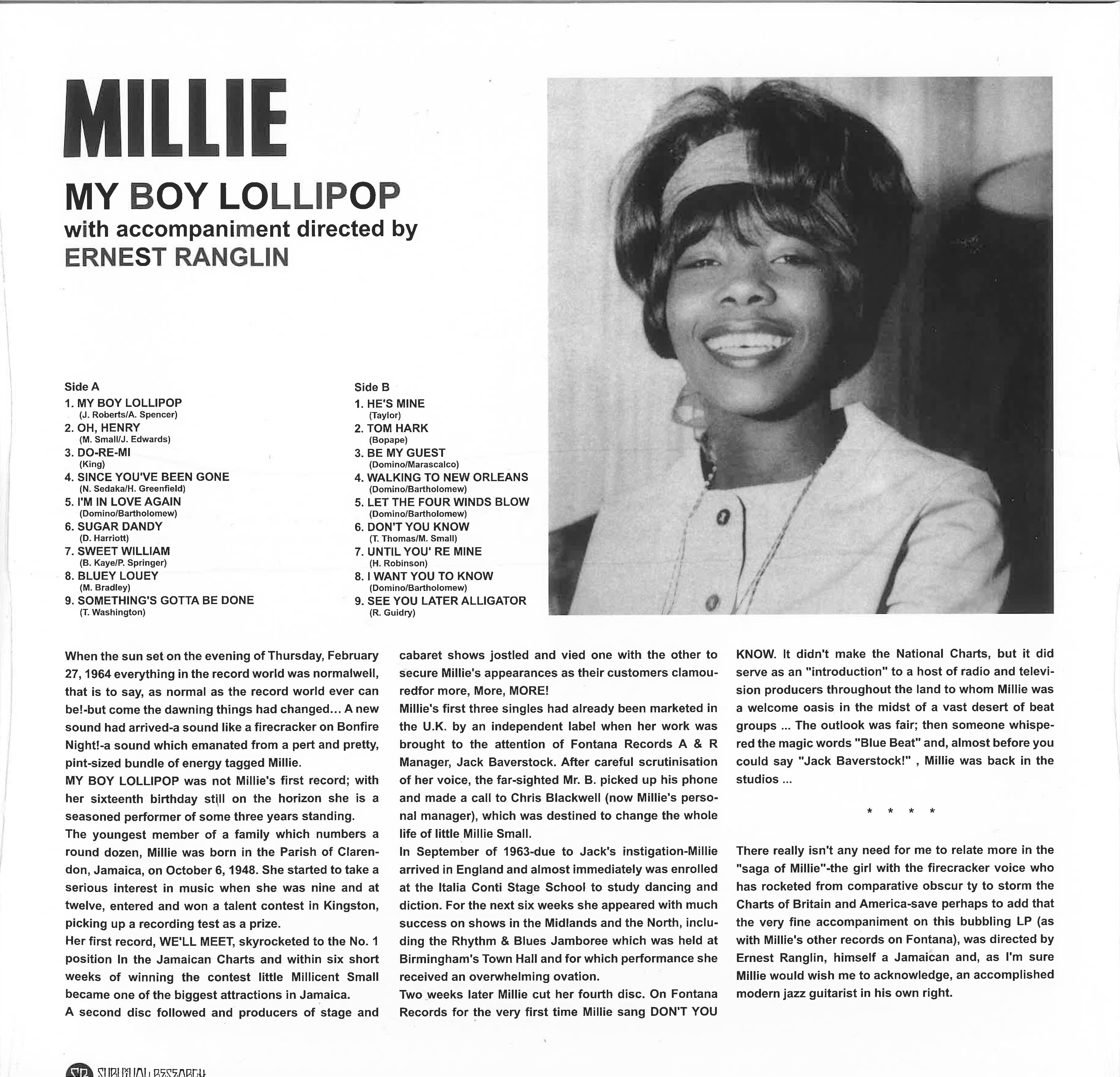 MILLIE (SMALL) (ミリー(スモール)) - My Boy Lollipop (EU 限定プレス・アナログ LP/New-SVVRCH-102)女子SKAレジェンドのベスト全18曲!