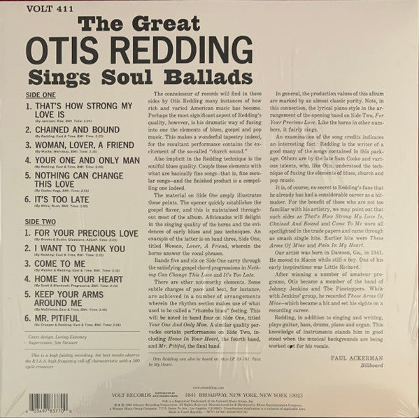 OTIS REDDING (オーティス・レディング) - The Great Otis Redding Sings Soul Ballads (EU 正規限定再発180g「ブルーVINYL」モノラル LP/New-RCV1 91706)'65年セカンド・アルバム