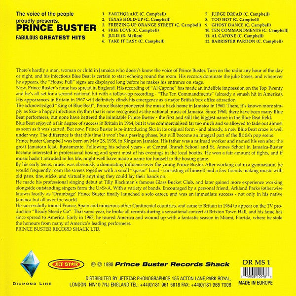 PRINCE BUSTER (プリンス・バスター) - Fabulous Greatest Hits (EU '90年代限定復刻再発 LP/廃盤 デッドストック品 New)'69年ベスト盤!
