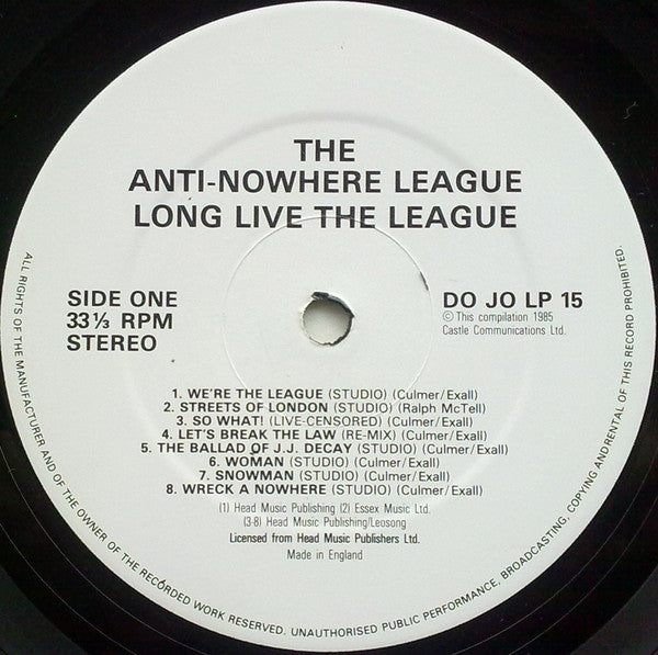 ANTI-NOWHERE LEAGUE (アンチ‐ノーウェア・リーグ) - Long Live The League (UK オリジナル LP) 16曲入り初期ベスト !