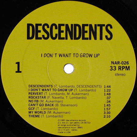 DESCENDENTS (ディセンデンツ) - I Don't Want To Grow Up (EU 限定リプロ再発 LP/ New) '85年 2ndアルバム!