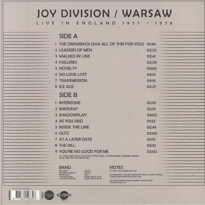 JOY DIVISION / WARSAW (ジョイ・ディヴィジョン / ワルシャワ) - Live In England 1977 / 1978 (UK 限定リリース「ブラック&グレースプラッターヴァイナル」 LP/NEW) レア音源コンピレーション