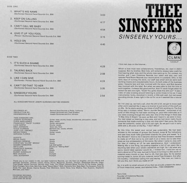 SINSEERS, THEE (ジー・シンシアーズ) - Sinseerly Yours (US 限定プレス「イエロー VINYL」LP-見開きジャケ/New) チカーノソウル界騒然'24年デビューアルバム!