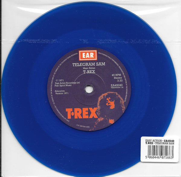 T.REX (T.レックス) - Telegram Sam / Baby Strange (UK 正規500枚限定「ブルー VINYL」7インチ/T.REXカンパニースリーブ 付 /New) スタジオ録音別バージョン!