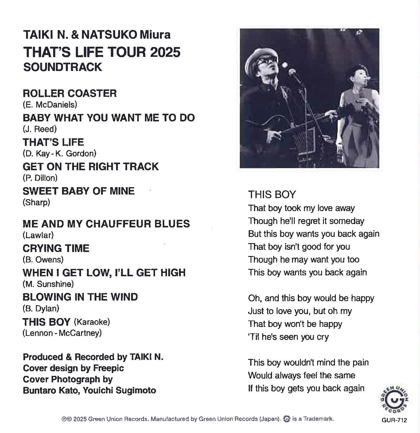 TAIKI N. & NATSUKO MIURA (タイキ N. & ナツコ・ミウラ) - That's Life Tour 2025 (Japan 自主制作CD-R /New) 2025年共演2作目!