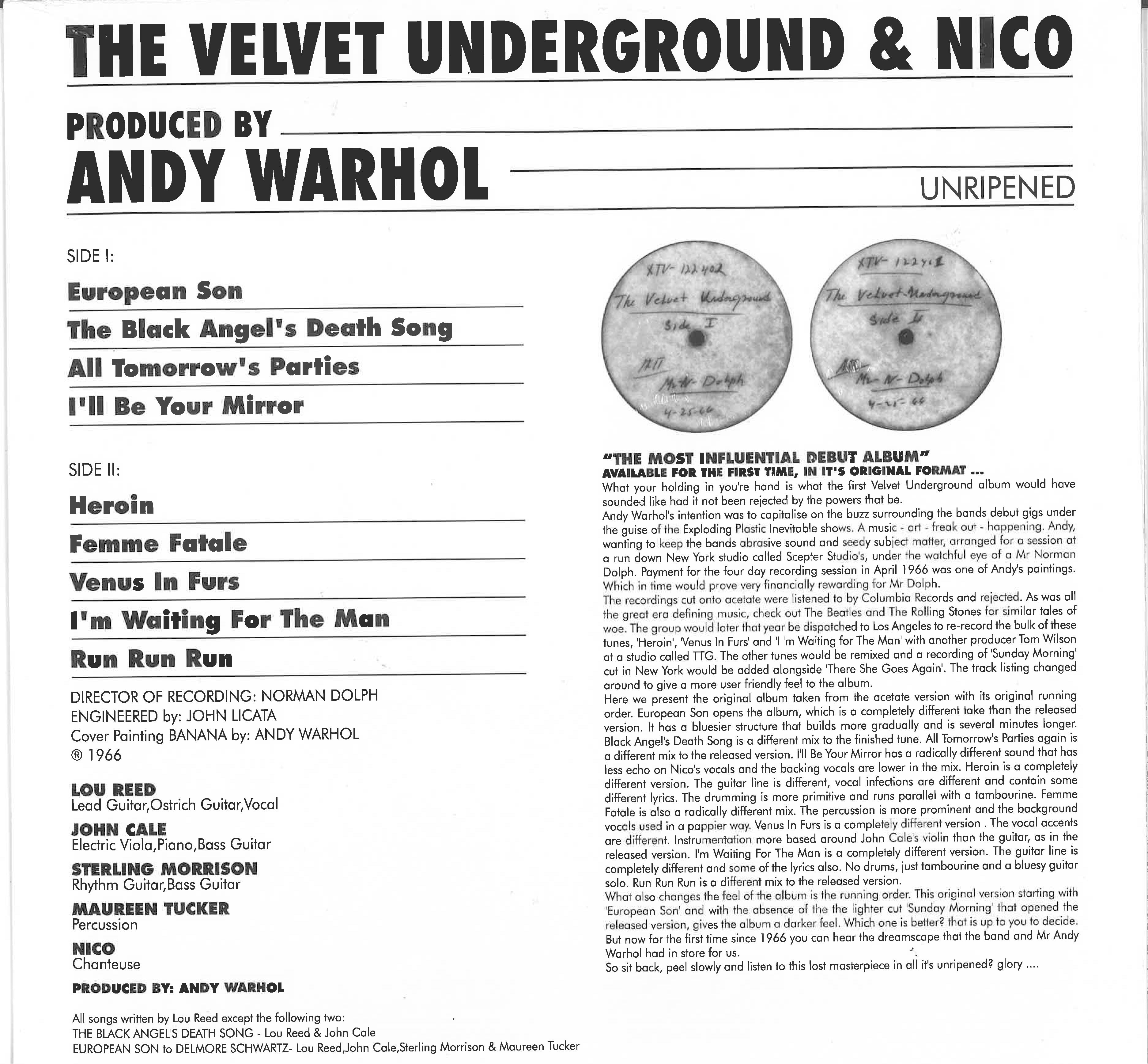 VELVET UNDERGROUND (ヴェルベット・アンダーグラウンド) - The Velvet Underground & Nico Unripened (EU限定再発モノラル/New)'66年デビューアルバムのお蔵入り幻のセッション