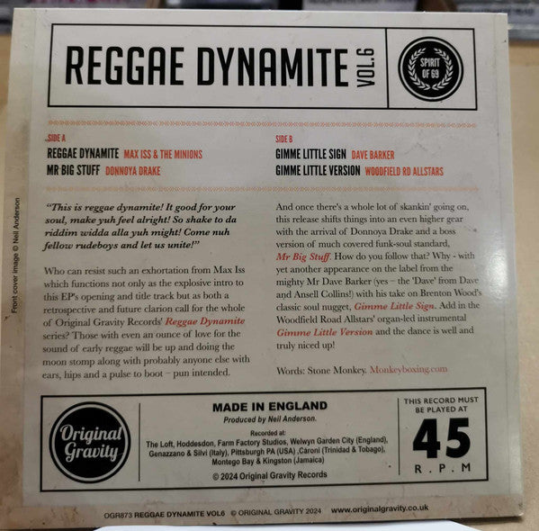 V.A. (オリジナル・グラヴィティ社のレゲエ EPシリーズ第6弾!) - Reggae Dynamite Vol. 6 EP (UK 初回限定オリジナルジャケ付き「白・赤ラベ」 4曲入り7" EP/New)