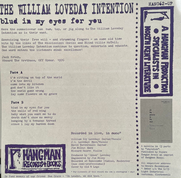 WILLIAM LOVEDAY INTENTION (ビリー・チャイルディッシュ=ウィリアム・ラブデイ・インテンション) - Blud In My Eyes For You (UK 500枚限定モノラル LP /New)'22年15作目アルバム