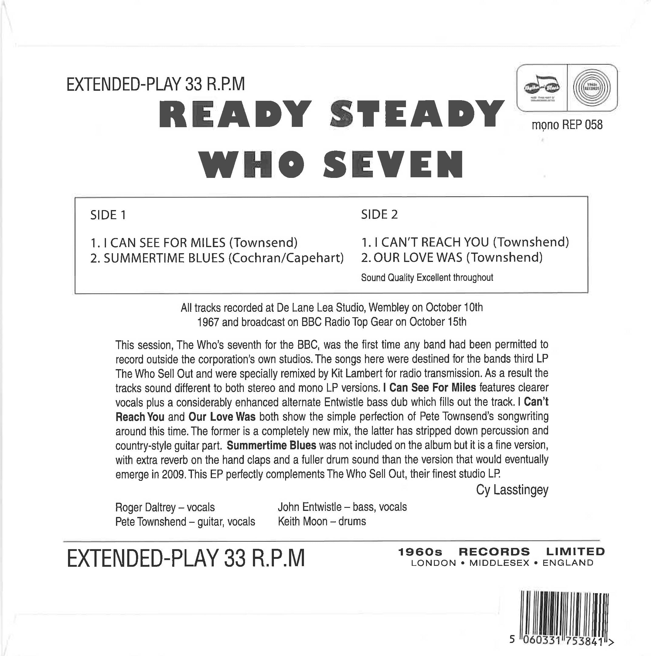 WHO (ザ・フー) - Ready Steady Who 7 - Sell Out At The BBC (UK 限定ジャケ付きモノラル7インチ/New) 「Sell Out」録音時のスタジオセッション