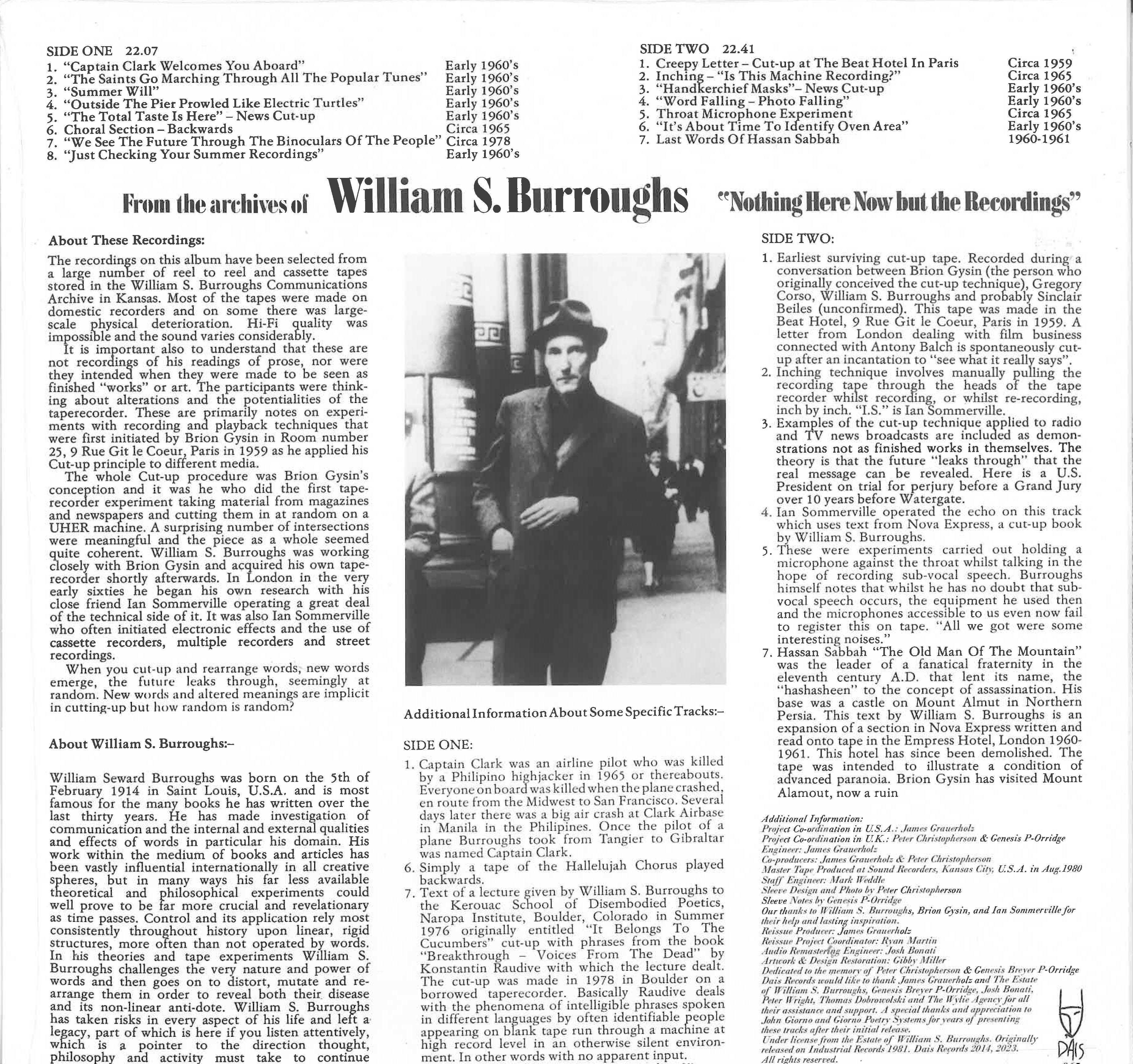 WILLIAM S. BURROUGHS (ウィリアム・S・バロウズ) -Nothing Here Now But The Recordings (US 750枚正規限定復刻再発クリア・ヴァイナル LP/New)