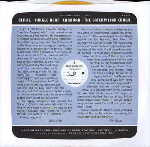 ZODIACS (ゾディアックス) - The Primitive Instrumental Sounds Of The Zodiacs (US 限定ジャケ付4曲入り「イエローヴァイナル」 7" EP /廃盤 New)