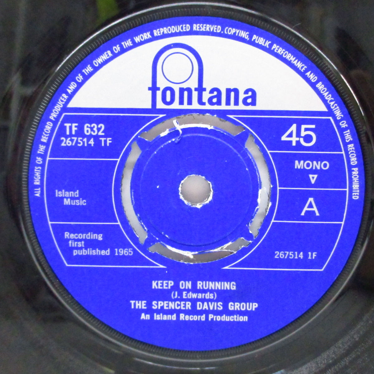 SPENCER DAVIS GROUP (スペンサー・デイヴィス・グループ) - Keep On Running (UK オリジナル「4プロングラウンドセンター」モノラル 7" /An Island Record Production)