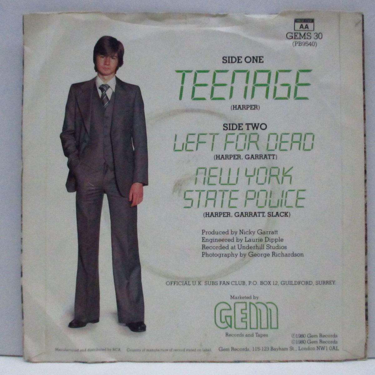 U.K. SUBS (U.K. サブス) - Teenage (UK 限定ピンクヴァイナル「ラウンドセンター」7"+マットソフトジャケ)