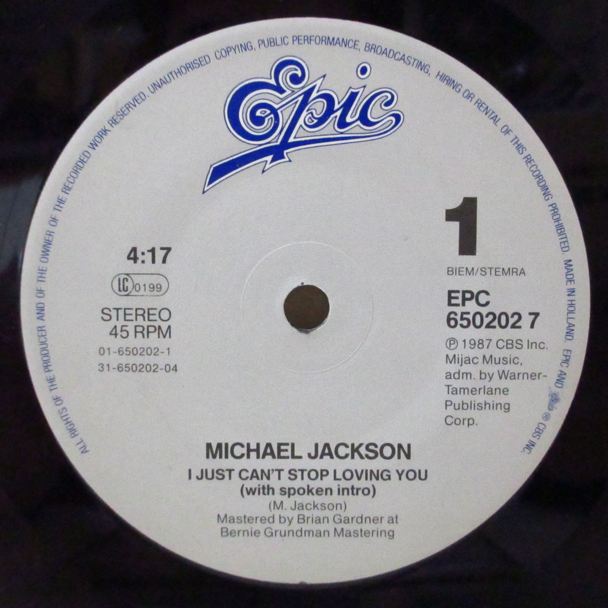 MICHAEL JACKSON (マイケル・ジャクソン) - I Just Can't Stop Loving You / Baby Be Mine (EU オリジナル「小穴」センター 7"+光沢ソフト紙「赤色」ジャケ)