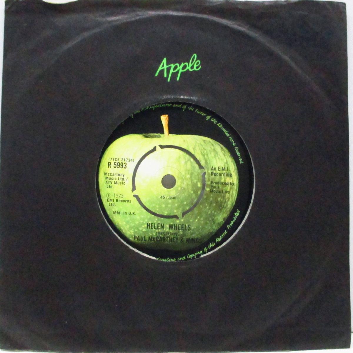 PAUL McCARTNEY & WINGS (ポール・マッカートニー & ウイングス) - Helen Wheels (UK オリジナル「ラウンドセンター」7"+「アップルロゴ入」黒カンパニースリーブ)