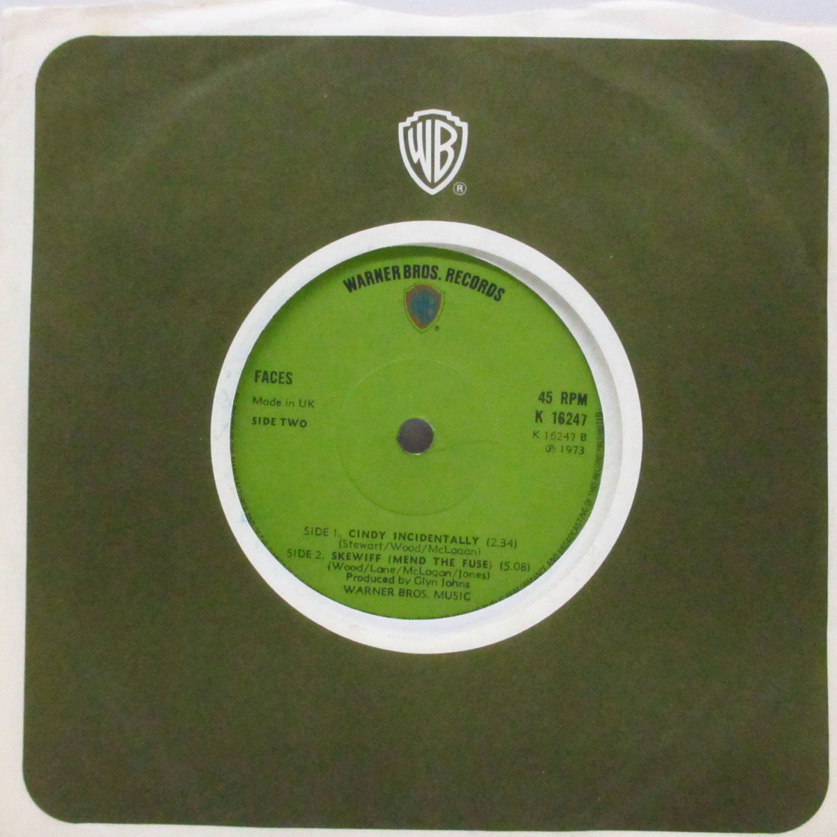 FACES (フェイセス) - Cindy Incidentally (UK オリジナル「(ギザ有り)フラットセンター#2」7"+インサート、カンパニースリーブ)