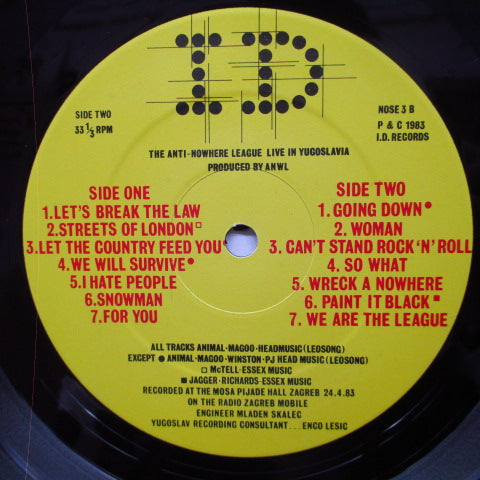 ANTI-NOWHERE LEAGUE (アンチ‐ノーウェア・リーグ) - Live In Yugoslavia (UK オリジナル LP) 名作ライブ!
