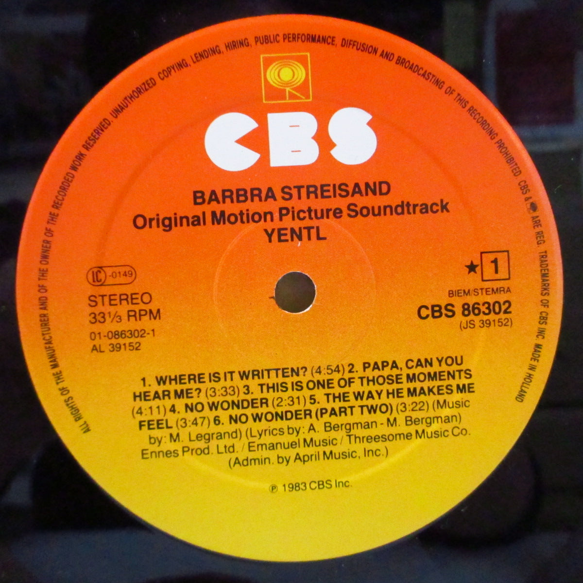 BARBRA STREISAND (バーブラ・ストライサンド) - Yentl (EU オリジナル LP+インナー/光沢見開きジャケ)