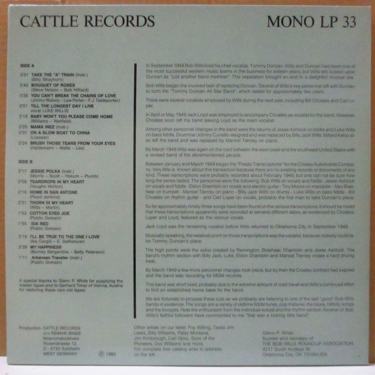 BOB WILLS (ボブ・ウィルズ) - The Rare Presto Transcriptions Vol.3 (German オリジナル Mono LP)