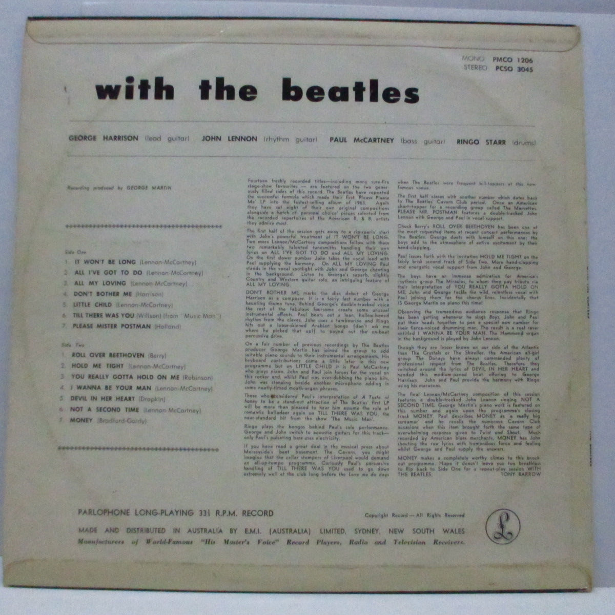 BEATLES (ビートルズ) - With The Beatles (OZ 60's「サードプレス」モノラル LP/表面コーティング折返ジャケ)