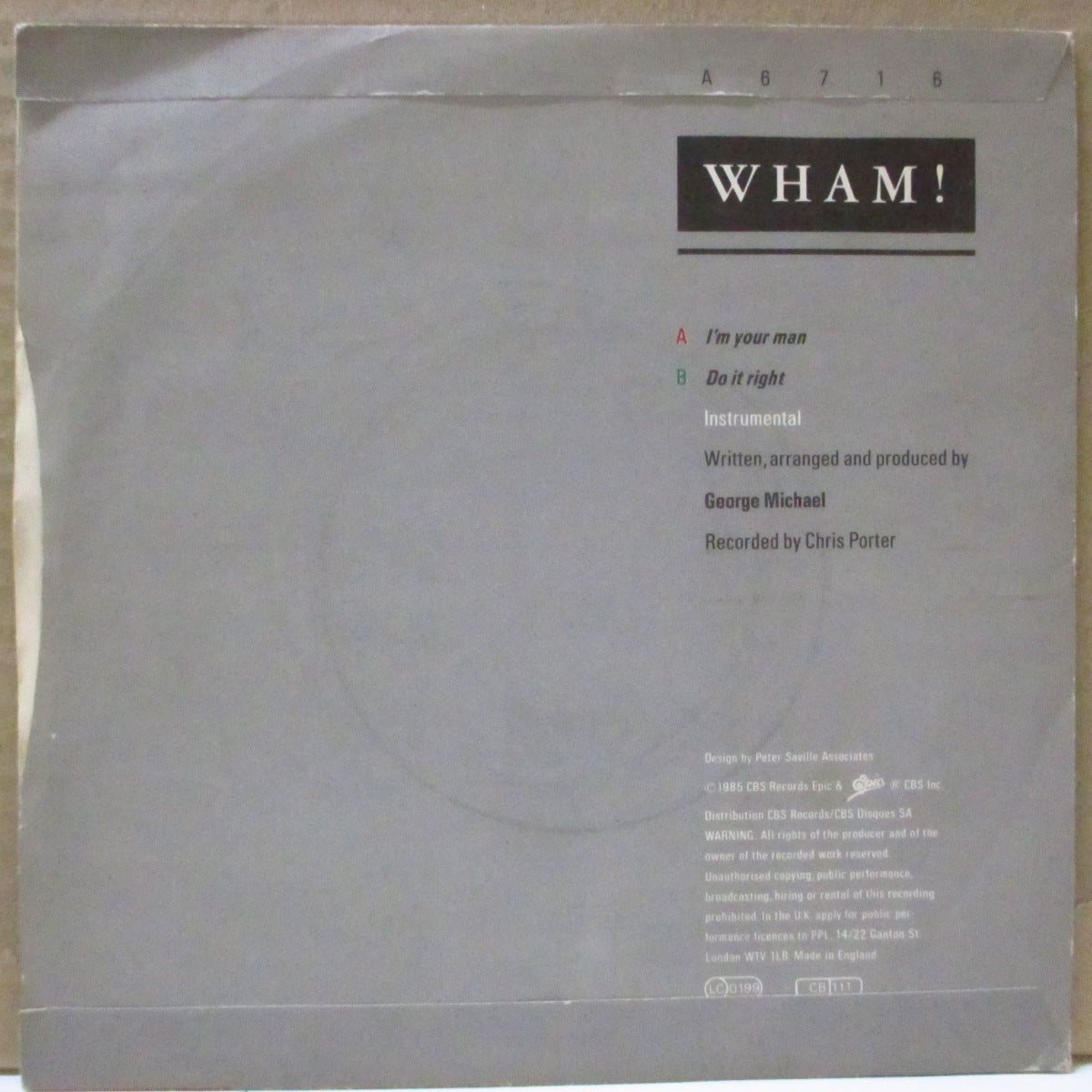 WHAM! (ワム!) - I'm Your Man (UK オリジナル 7インチ+マットソフト紙ジャケ)