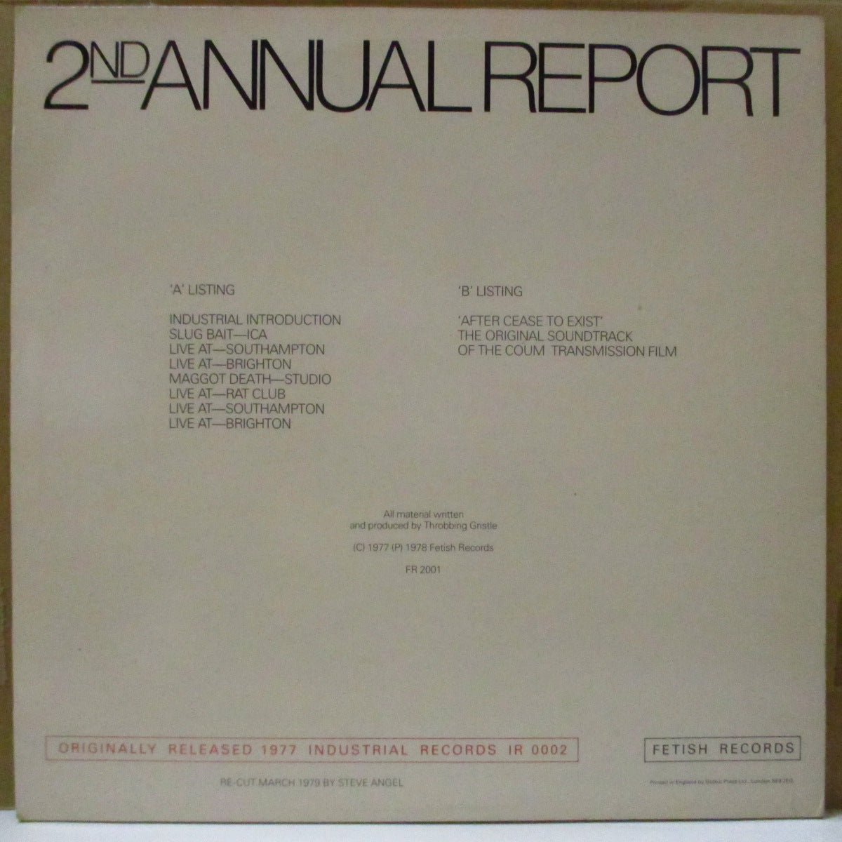 THROBBING GRISTLE (スロッビング・グリッスル) - 2nd Annual Report (UK '79 リマスター再発 LP+インサート/Fetish)