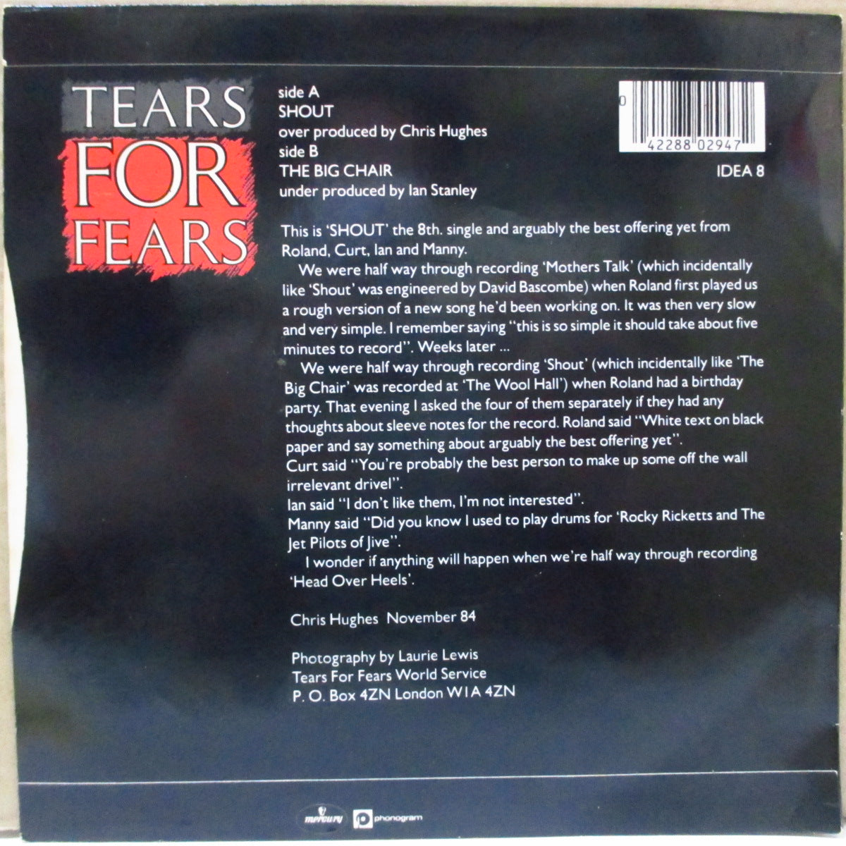 TEARS FOR FEARS (ティアーズ・フォー・フィアーズ) - Shout (UK オリジナル「銀プラスチックラベ 」7インチ+光沢固紙ジャケ)