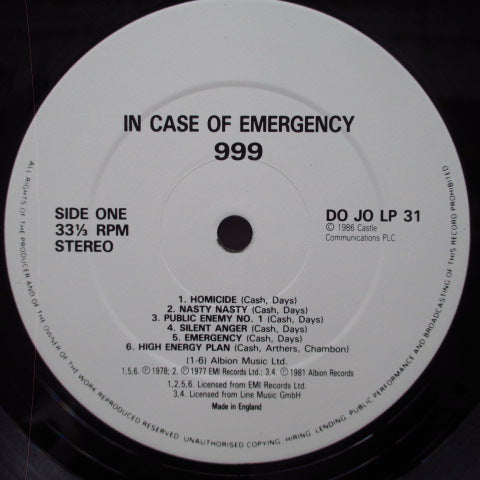 999 (ナイン・ナイン・ナイン) - In Case Of Emergency (UK オリジナル LP) 初期ベスト盤 !