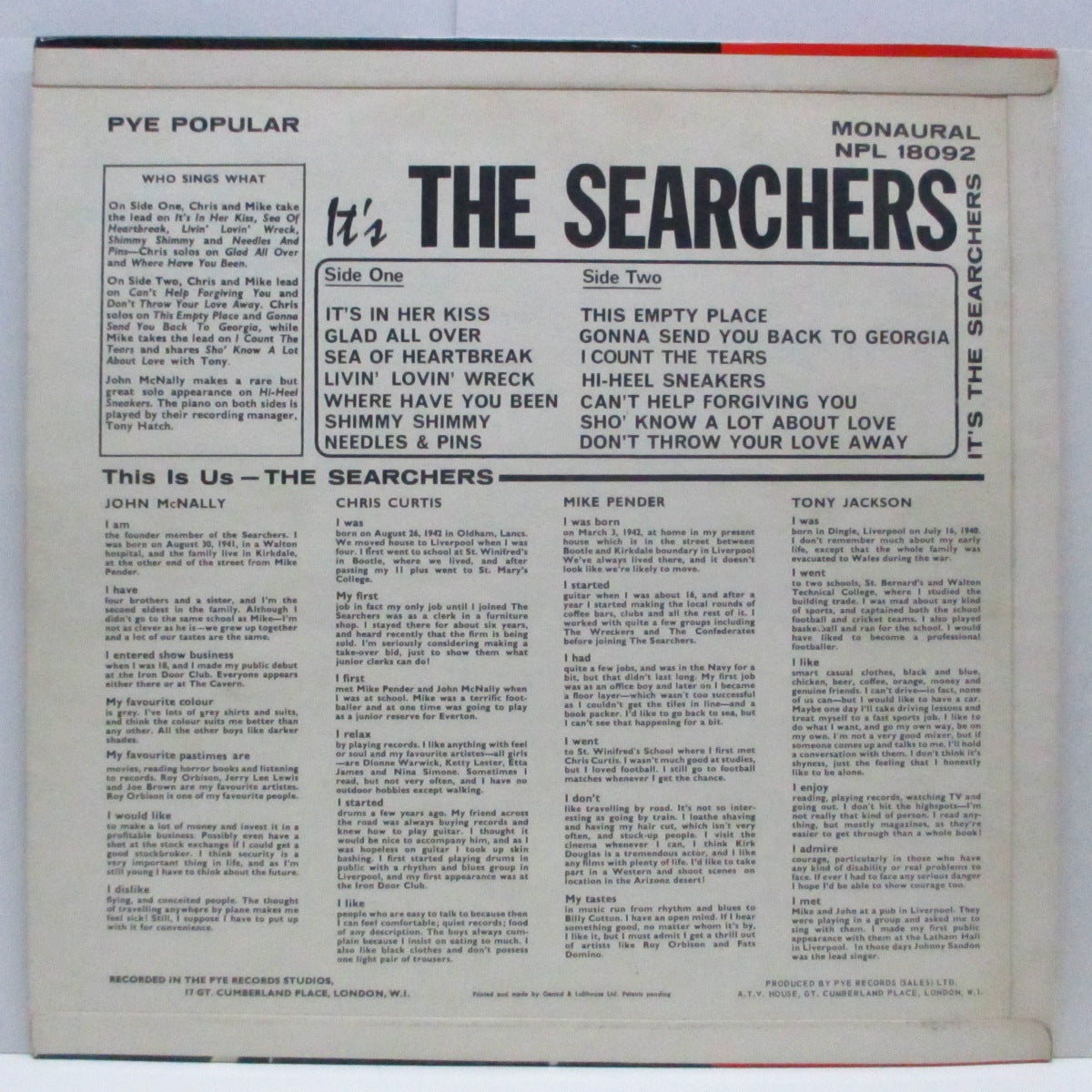 SEARCHERS (サーチャーズ) - It’s The Searchers (UK オリジナル「モノラル」LP/CFS)