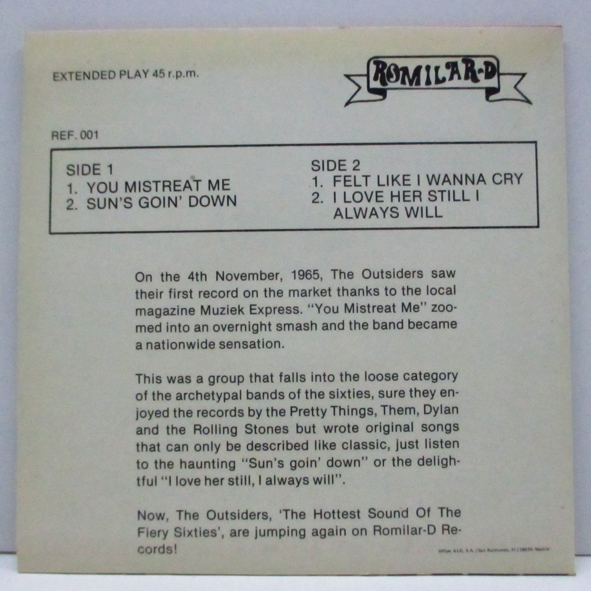 OUTSIDERS (Dutch) (アウトサイダーズ) - You Mistreat Me (Spain '88 再発 7"EP+PS)