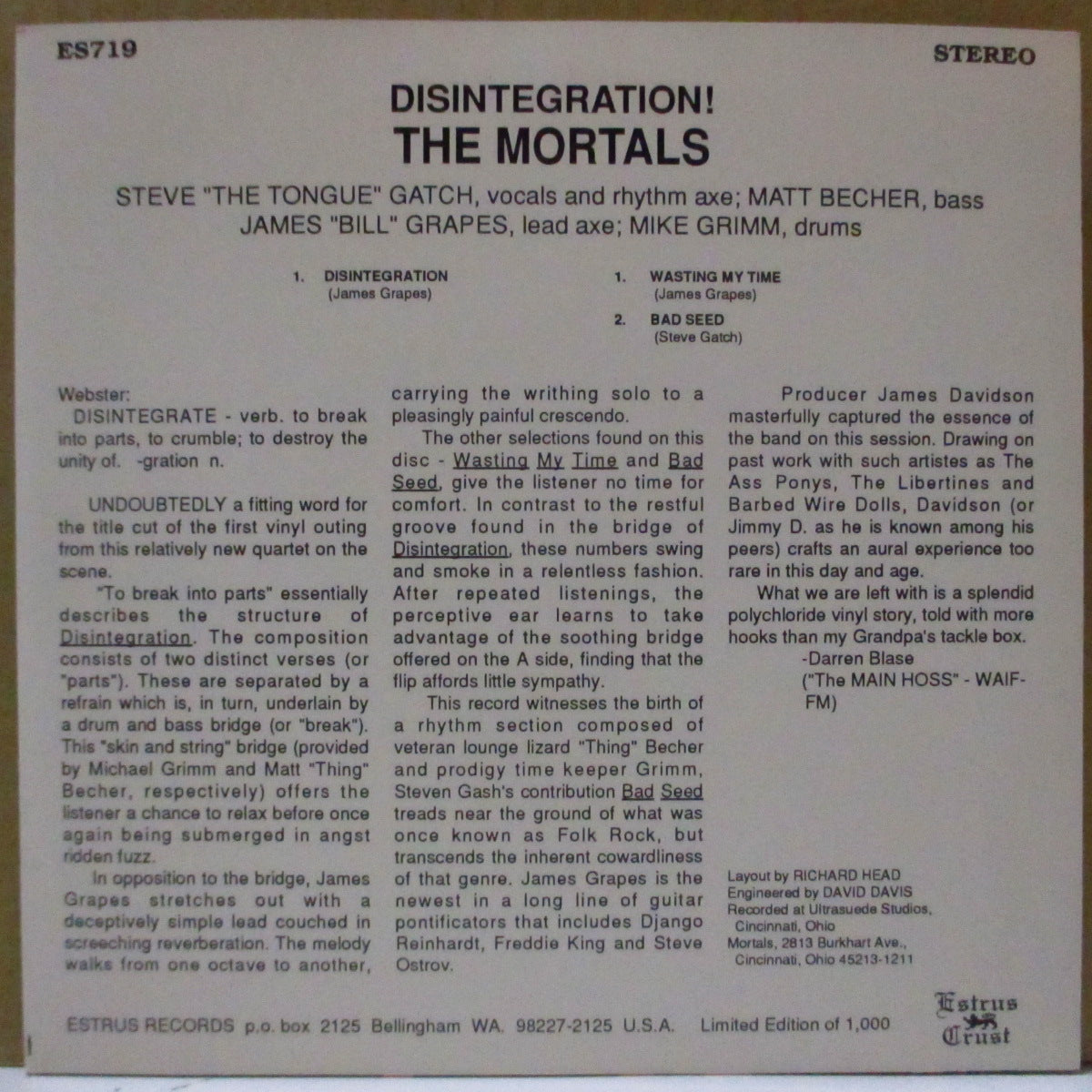 MORTALS, THE (ザ・モータルズ) - Disintegration +2 (US 1,000枚限定 7")