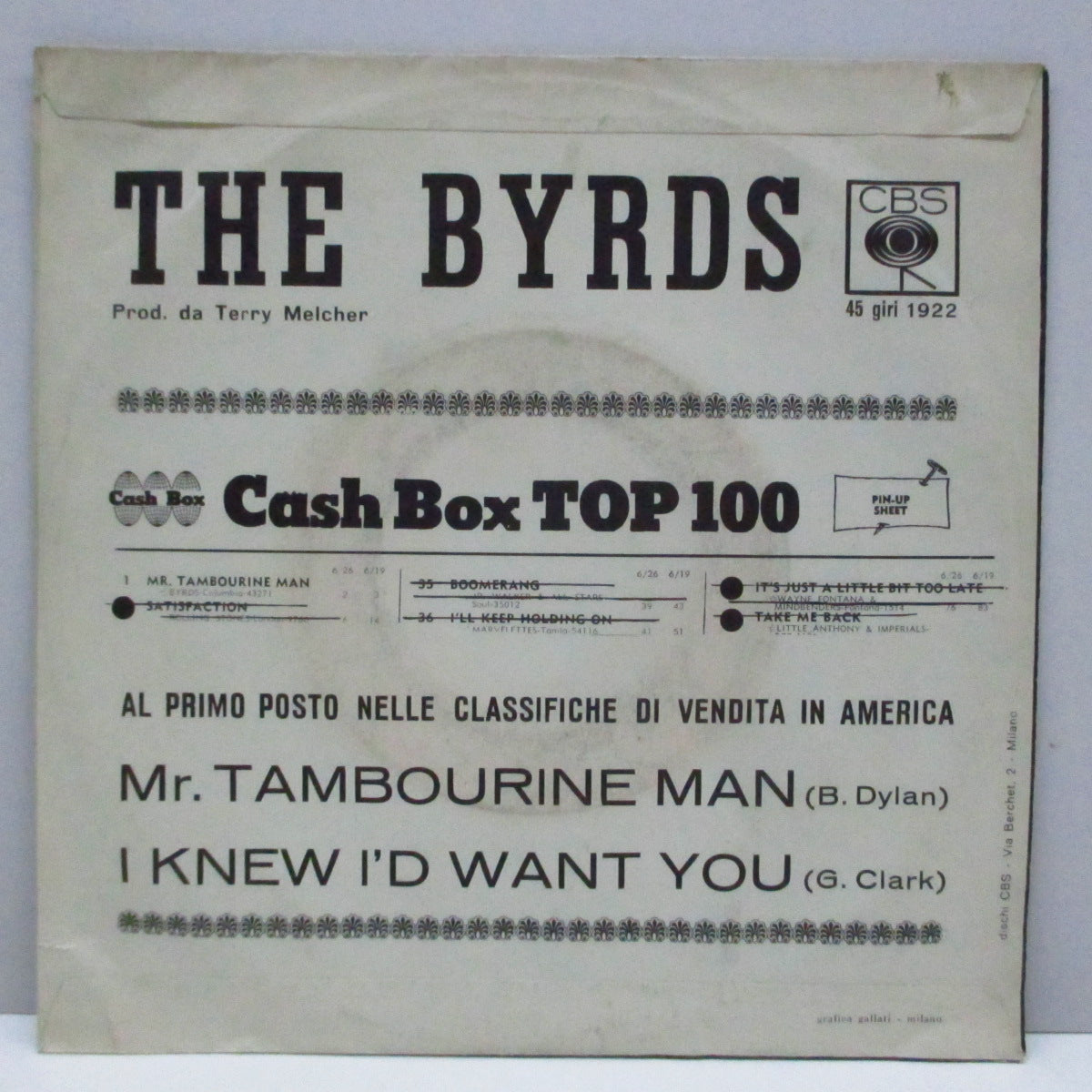 BYRDS (バーズ) - Mr.Tambourine Man (Italy Orig.7"+PS)