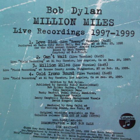 BOB DYLAN (ボブ・ディラン) - Million Miles (Live Recordings 1997-1999) (US PROMO)