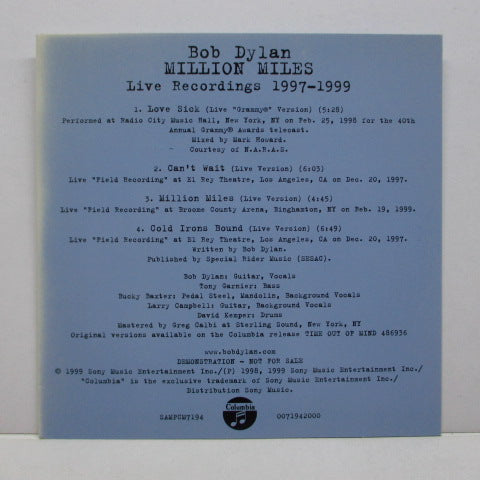 BOB DYLAN - Million Miles (Live Recordings 1997-1999) (UK PROMO)