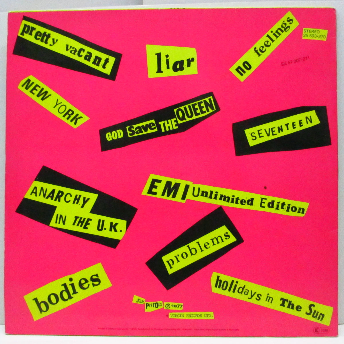 SEX PISTOLS (セックス・ピストルズ) - Never Mind The Bollocks (EU '87 再発「緑/赤ラベ」LP/#25 593-270 ジャケ)