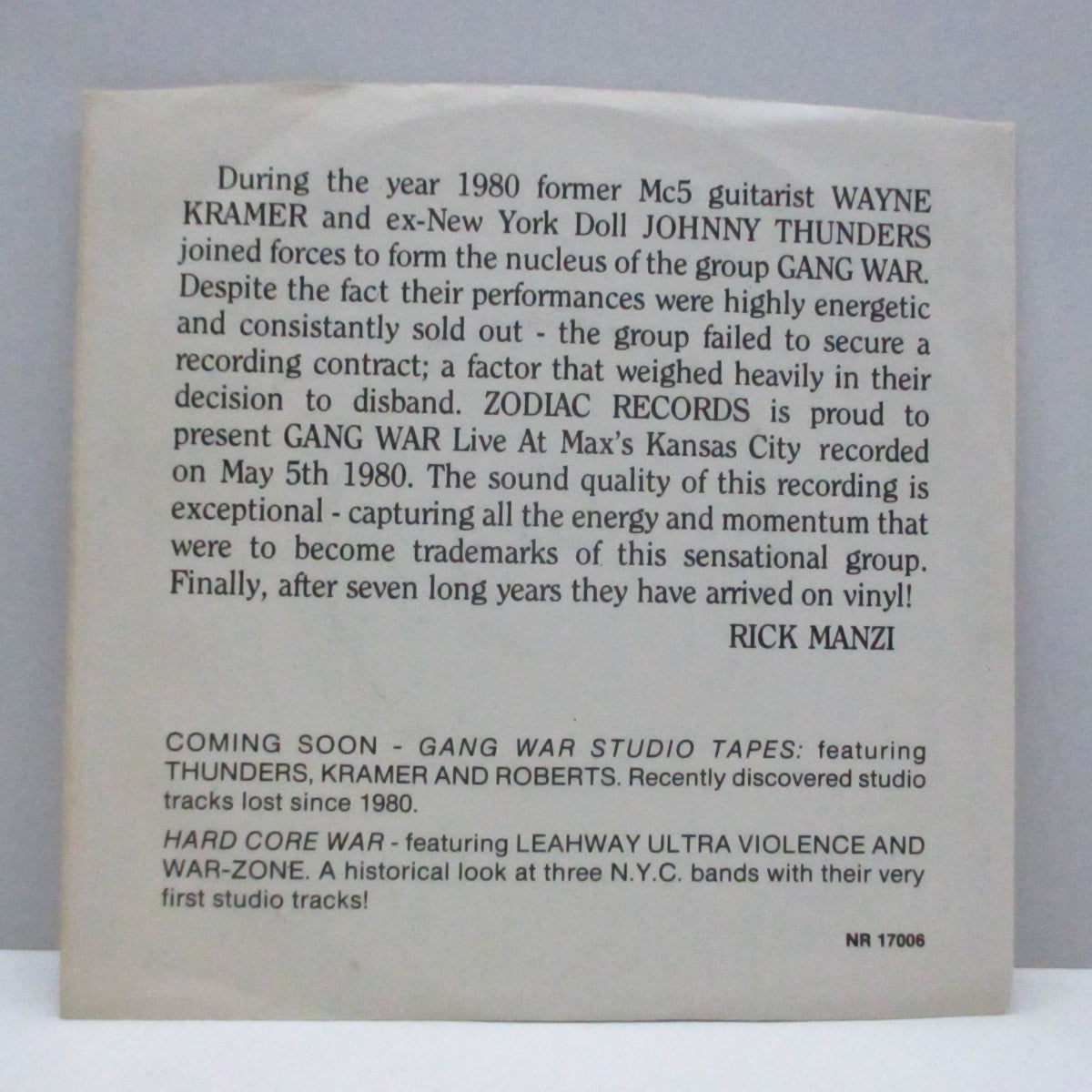 JOHNNY THUNDERS & WAYNE KRAMER (GANG WAR ) (ジョニー・サンダース &ウェイン・クレイマー(ギャング・ウォー)) - Wayne Kramers "Gang War" Featuring Johnny Thunders (US Unofficial Red Vinyl 7")