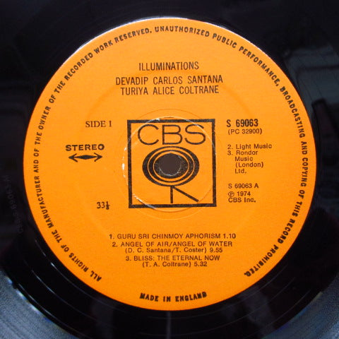 CARLOS SANTANA (DEVADIP CARLOS SANTANA & TURIYA ALICE COLTRANE) (カルロス・サンタナ 「デヴァディップ・カルロス・サンタナ & トゥリヤ・アリス・コルトレーン」) - Illuminations (UK オリジナル LP+インサート/ステッカー付ジャケ) ピアニストのアリス・コルトレーンとの'74年共演アルバム !