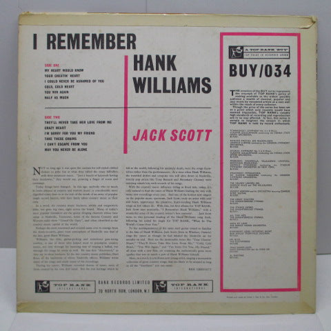 JACK SCOTT (ジャック・スコット) - I Remember Hank Williams (UK Orig.Mono LP/CFS)