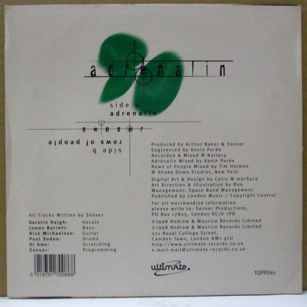 SENSER (センサー) - Adrenalin (UK Limited 7"/Numbered Stickered PS)