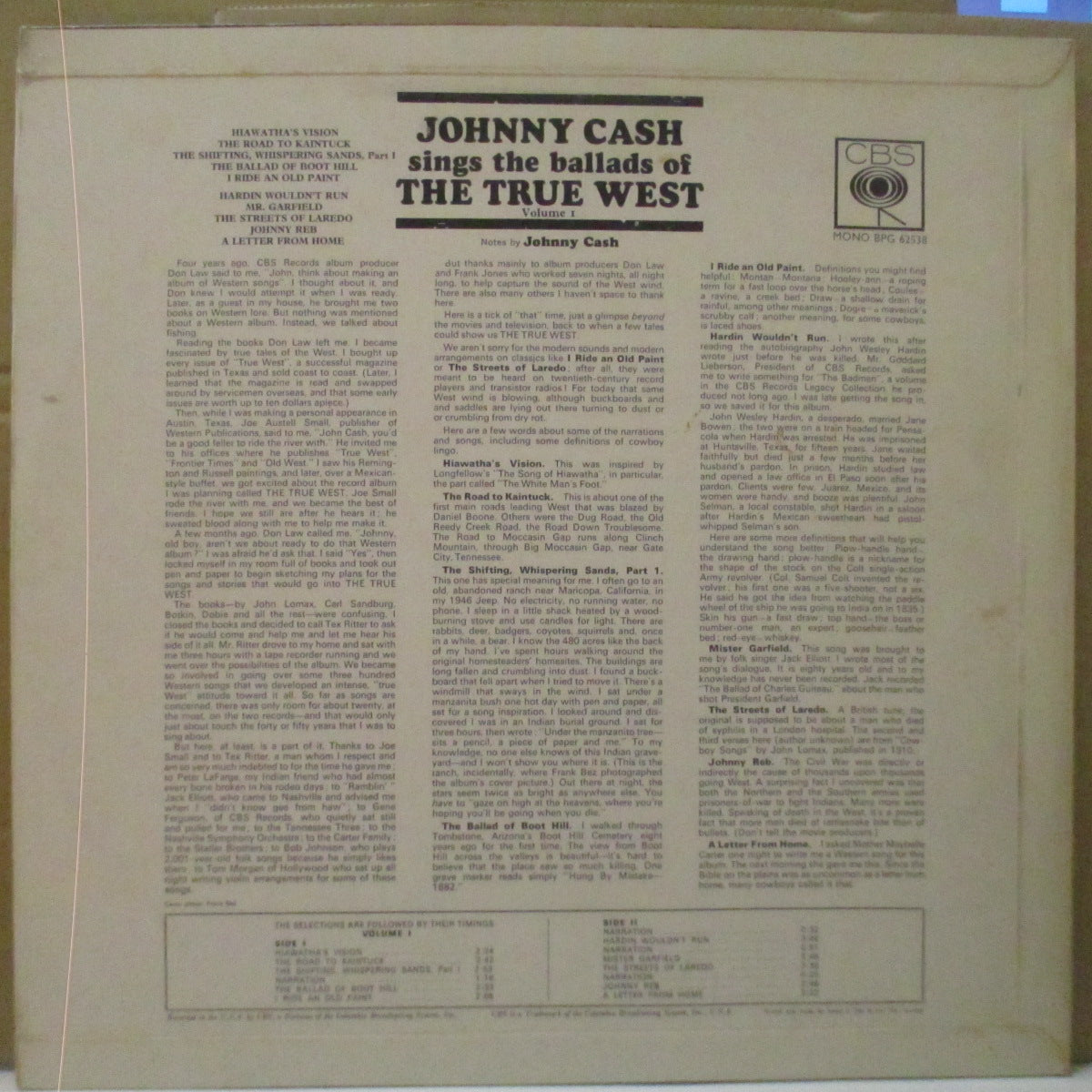 JOHNNY CASH (ジョニー・キャッシュ) - Sings The Ballads Of The True West Vol.1 (UK Orig.Mono LP/CFS)